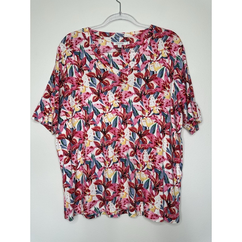 Chicos Everyday Pima Cotton Floral Tee Shirt Size XL Spring Tiger Lily 3